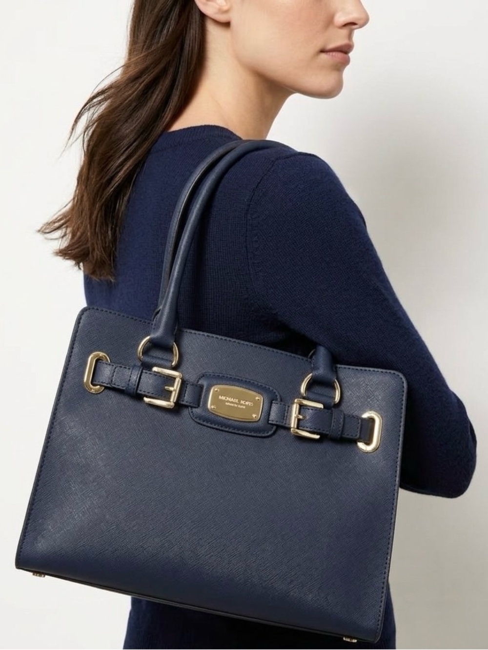 Michael Kors Hamilton East West Textured Saffiano Leather Satchel Purse, Navy